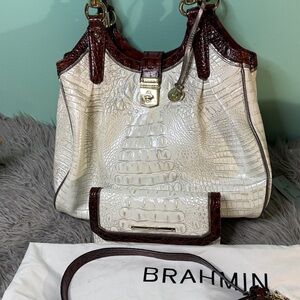New Brahmin Celia Cream and Brown Croc-Embossed Shoulder Bag&Wallet
